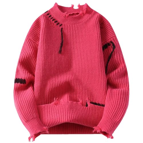 Men Loose Knitted Sweater Daily Casual Knit Pullovers Crew Neck Long Sleeve Ripped Sweater