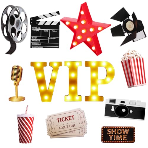 Image of 13 Pcs VIP Movie Night Party Decorations 8.6 inch VIP Light up Letters Sign Film Clapper Board Marquee Star Sign Party Cards Props for Movie Nigh Theater Table Centerpieces Decorations Supplies