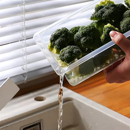 Image of Plastic Transparent Fridge Storage Boxes Organizer with Removable Drain Plate Storage Containers Box Keeps Fruits, Vegetables, Meat, Fish Fresh Longer (Medium, 1500-ML, White, Set of 3)
