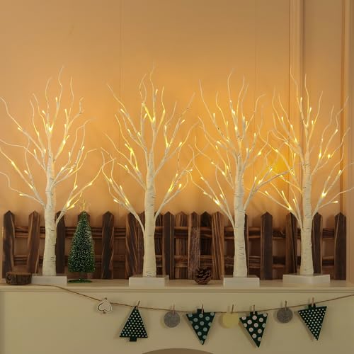 Lighted Birch Tree, 4 Pack 2FT Tree Indoor, Battery Operated Artificial Tree with 24 Warm White...
