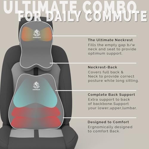 Image of MRRON Orthopedic Memory Foam Lumbar Backrest & Neck Rest Cushion for Car Seat - Ergonomic Car Back & Neck Support Pillow Combo - Pain Relief for Long Drives, Sciatica, Posture (Grey, Slim Backrest)