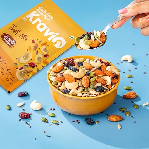 Image of Kravio Premium Trail Mix (2 X 200g) | Mixed Dry Fruits & Nuts Contains Cashew, Almond, Cranberry, Raisin, Pumpkin, Sunflower & Flax Seeds | Healthy Snacks, 20% Protein, Rich in Fibre, Zero Cholesterol
