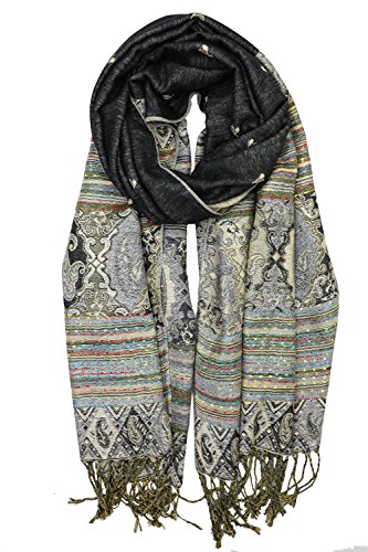 Achillea Reversible Bohemian Paisley Pashmina Ethnic Tribal Border Shawl Wrap Scarf (Black Green)