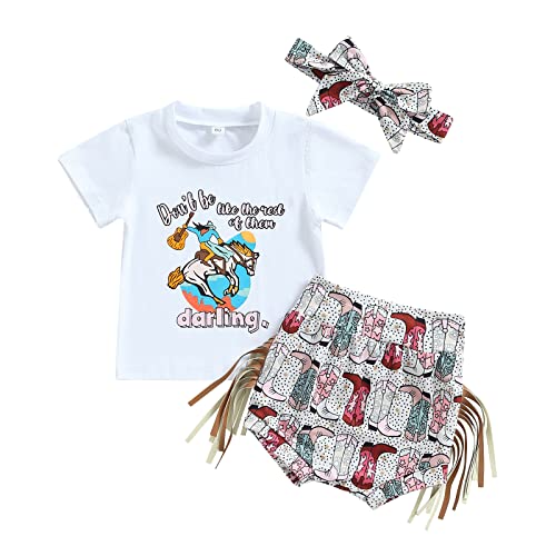 Image of Bingqiling Western Baby Girl Clothing Sets Newborn Summer Outfit Letter&Horse Print Short Sleeve Shirt+Tassel Shorts+Headband (White, 6-12 Months)