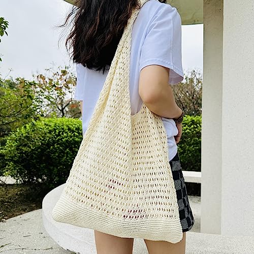 Image of Ovida Crochet Tote Bag Mesh Beach Bag Fairycore Hobo Bag Fairy Grunge Aesthetic Shoulder Bag Y2k Purse for Women Girls