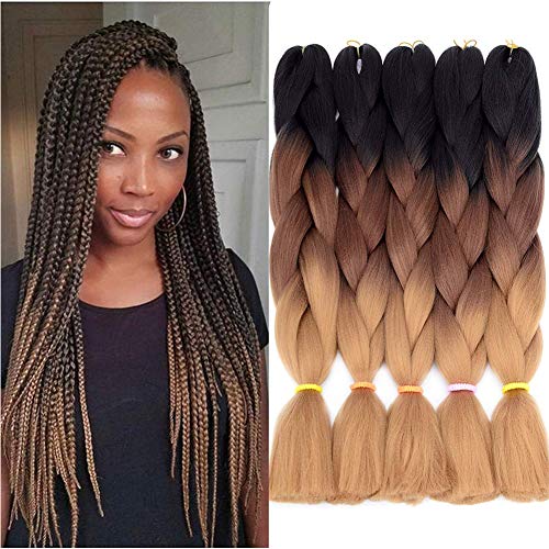 5pcs Trenza Jumbo, Cabello trenzado Jumbo Ombre, Extensiones de cabello trenzado sintético Kanekalon, Trenzas Jumbo 24 pulgadas 5pcs / lot (Negro oscuro marrón claro)