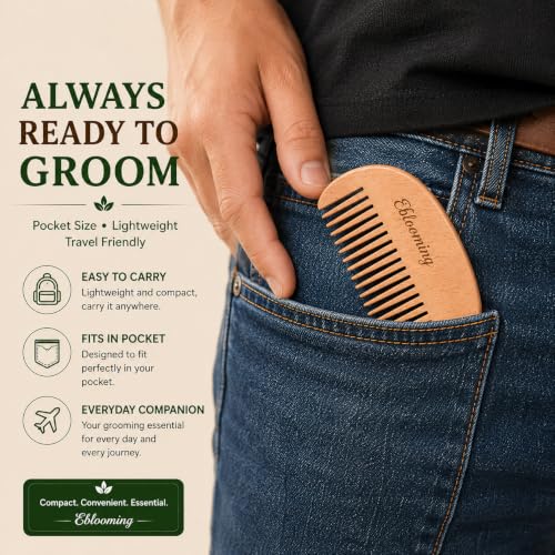 Image of Neem Wooden Beard Comb | Wooden Beard & Moustache Comb for Men | Fine Tooth Pocket Beard Comb | Smooth Rounded Teeth for Beard Grooming & Styling | Travel Friendly | 1 Piece