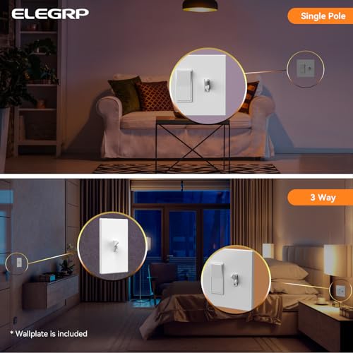 Image of ELEGRP Digital Dimmer Switch for LED /CFL, Toggle Dimmer Switch with Decorative Frameless Design Wallplate, Single Pole /3-Way, UL Listed, 2 Pack, White
