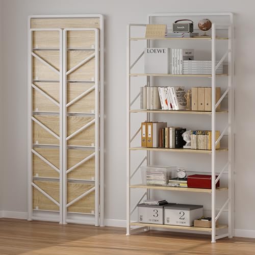 Image of JSB No Assembly Folding Bookshelf, 6 Tier Industrial Metal Book Shelf for Storage, Vintage Wood Foldable Bookcase for Living Room, Bedroom, Office Organization Shelves