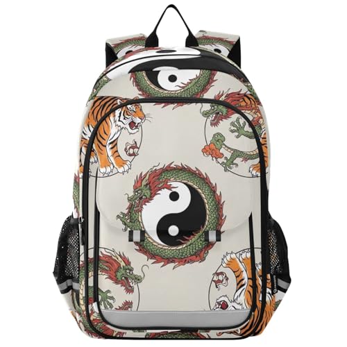 Orange Tiger Chinese Dragon Kids Backpack for Girls Boys, Front Flap School Bag, 17 Inch Heavy Duty Backpack for Kids, Age 6-12