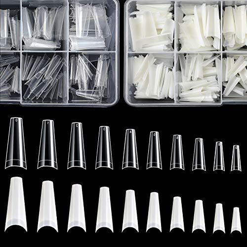 Lot de 1000 faux ongles French Coffin Ballerina En acrylique Semi fausses flocons 10 tailles Avec pochettes en plastique transparent Pour bricolage et salon de manucure (transparent + naturel) Cover