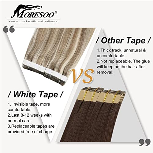 Foto von Moresoo Tape Extensions Echthaar Haarverlängerung Echthaar Tapes Invisible Remy Echthaar Extensions Tape in Hellbraun mit Platinblond Extensions Menschliches Haar 20 Stück 50g/Pack 50 cm #9A/60
