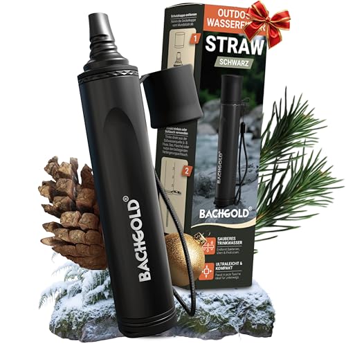 Bachgold Straw Wasserfilter Outdoor Survival – Ultraleichte Prepper Ausrüstung Liefert bis zu 500L Frisches Trinkwasser für Jeden Ernstfall, inkl. Schlauch, Langlebig Konstruiert, Schwarz