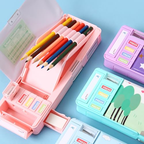 Image of Pop Up Multifunction Pencil Case with Pencil and Eraser, Cute Cartoon Pen Box Organizer Stationery, Sharpener, Schedule, Best Birthday Gifts for Kids Teens(Pink astronaut)