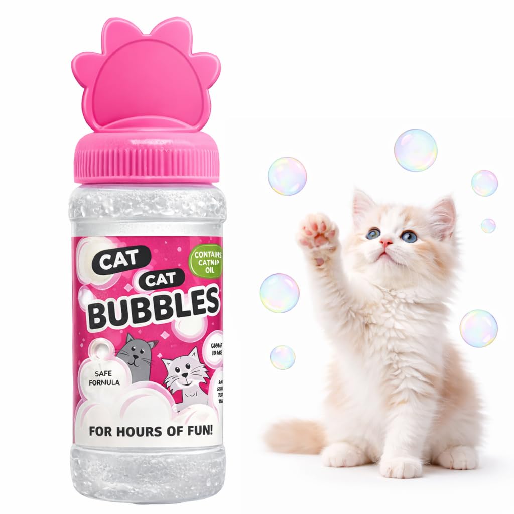 Pet Guru Bolle per gatti con olio di erba gatta, giocattolo sicuro e atossico per gatti, 120 ml, con bacchetta per bolle inclusa, tappo a forma di zampa (2)