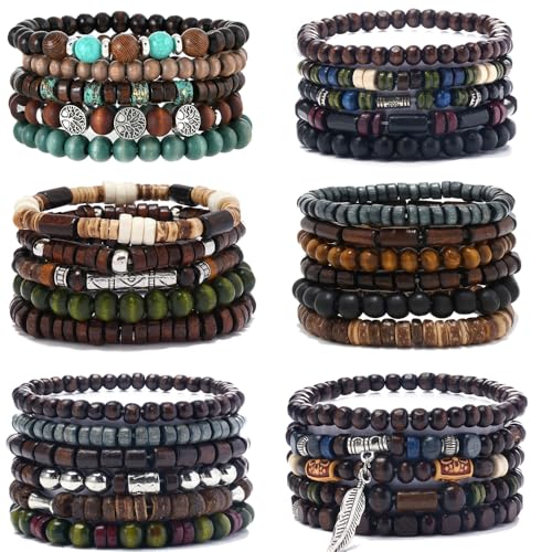 FIRAZIO 32 Pcs Wooden Beaded Bracelets for Men Adjustable Pulseras Para Hombres Set, Mens Bracelet Meaningful Gift