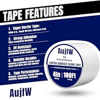 AujfW Vapor Barrier Tape, 4" Wide x 180' Long, 6 Roll, Waterproofing Vapor Barrier Seam Tape for Stucco, Crawl Space, Repair, Plastic Liners, Metal Building Insulation Seams