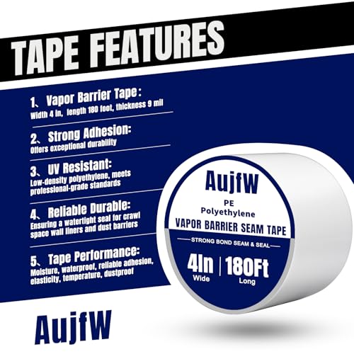 Image of Vapor Barrier Tape, 4 inch Wide x 180' Long, 3 Roll, Waterproofing Vapor Barrier Seam Tape for Stucco, Crawl Space, Repair, Plastic Liners, Metal Building Insulation Seams