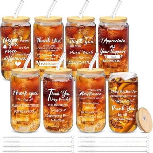 Malloom 8 regalos para empleados, vasos de cerveza reutilizables de 16 oz en forma de lata con tapas y pajitas, regalos inspiradores de agradecimiento para colegas y profesores