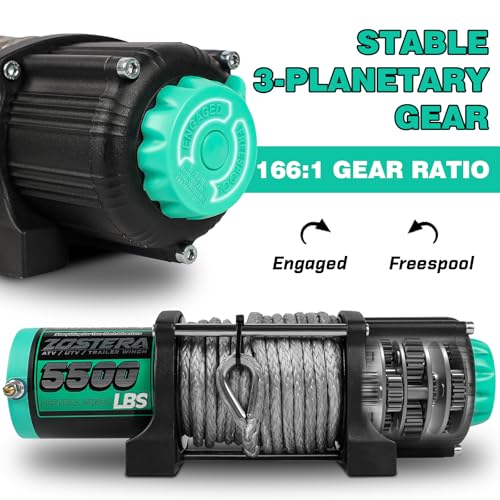 Image of 5500lbs ATV /UTV Winch with Synthetic Rope, Electric Boat Trailer Winch 12V, Waterproof Winch with 2 Wireless Remotes &Wired Switch,with Mounting Plate,Aluminium Fairlead