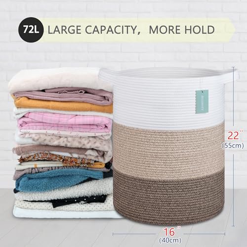 Image of Cotton Rope Blanket Basket, 72L Laundry Hamper, White & Ombre Brown | 16 inchx 22 inch, Large Collapsible Woven Nursery Hamper with Sturdy Handles for Clothes Toys Towels, Bedroom Living Room Bathroom