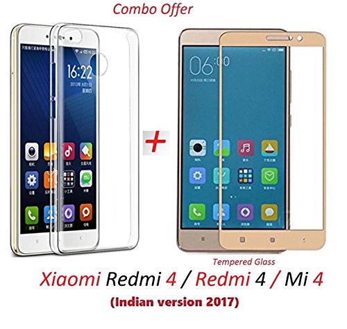 Xiaomi Redmi 4 / Redmi 4 / Mi 4 / Redmi4 / Mi4 [May 2017 Release] (COMBO OFFER) Original Sleek Premium Clear Soft Back Cover Case For RedMi 4 -( Transparent ) + 2.5D curved 3D Edge to Edge Tempered Glass Mobile Screen Protector ( Gold ) BY YuniKase