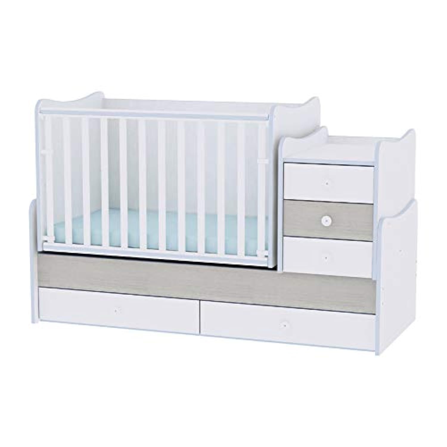 Assembled Lorelli Maxi Plus Convertible Baby Bed in crib configuration with attached changing table and drawers.