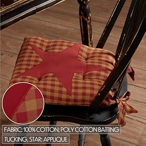 VHC Brands Star Cotton Primitive Tabletop Kitchen Tie Back(s) Appliqued Square Chair Pad, King, Burgundy Red VHC Brands Star Cotton Primitive Tabletop Kitchen Tie Backs Appliqued Square Chair Pad King Burgundy Red
