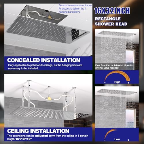 HOMEDEC Ceiling Mount Rectangle Rainfall Shower Head, 16x32inch Luxury High Pressure Rain Showerhead with Silicone Nozzles Full Body Fixed Showerheads For Modern Bathroom, Chrome Finish by HOMEDEC - Image 3