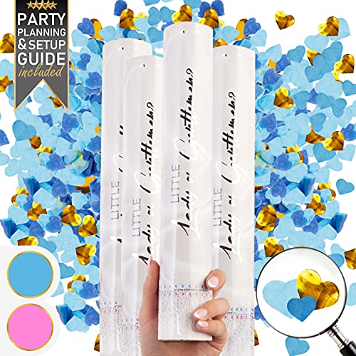 Premium Gender Reveal Confetti Cannon - Set of 4 - Heart Shaped Confetti, Pink or Blue | Gender Reveal Decorations, Gender Reveal Ideas, Boy or Girl Gender Reveal Poppers, Baby Reveal Party Sparklers