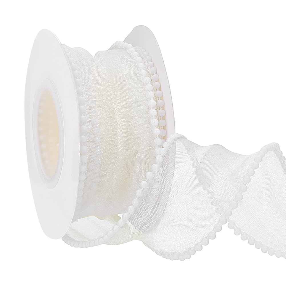 FINGERINSPIRE 4.5M Light Beige Sheer Wired Ribbon with Pearl Edges 40mm Pearl Edged Sheer Wire Ribbons Wired Ribbon for Bow Tie Making Wreaths Bouquet Gift Wrapping Wedding Bridal Shower Decor