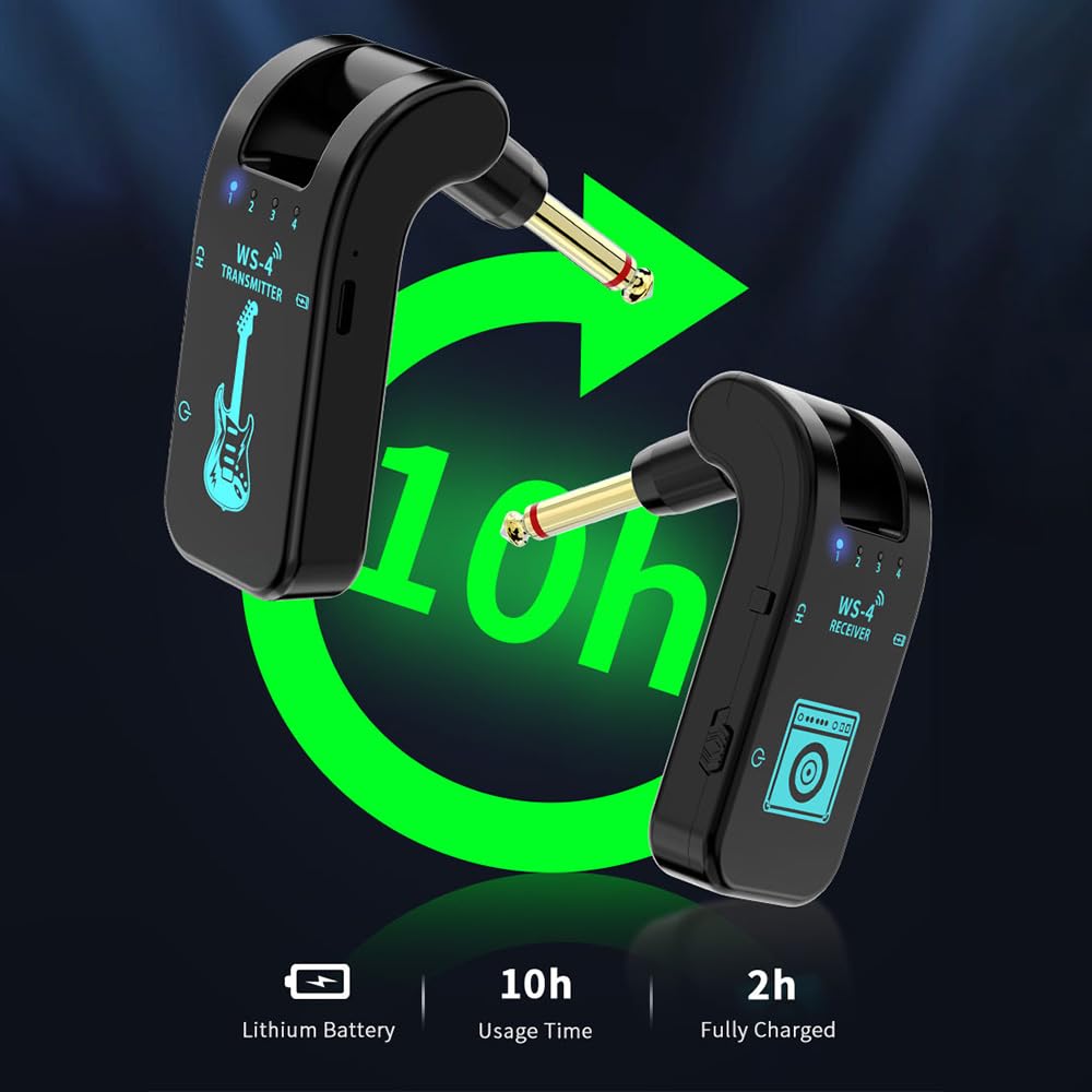 Kavolet Système de guitare sans fil 2,4G, émetteur et récepteur de guitare rechargeables, avec 10 heures d’autonomie de batterie, Plug and Play, transmission en temps réel 48K/16bit, connecteur