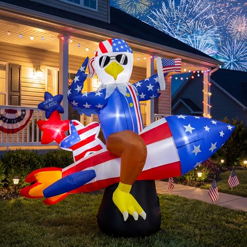 6ft Patriotic Independence Day 4th of July Inflatable American Eagle on Rocket with Stars LED Lighted Blow Up Decor for Home Yard Outdoor Indoor Decoration