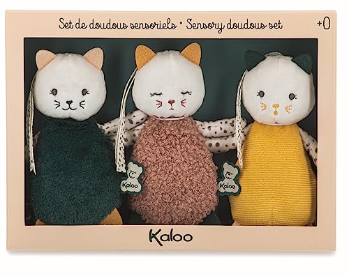 KALOO - Stimuli - Mis Gatitos para Acariciar - Juego de 3 Doudous Sensoriales para Bebés - Juguete de Estímulo, Motricidad y Manipulación - 14 cm - Desde el Nacimiento, K971600