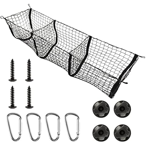 Amiss Heavy Duty Mesh Cargo Net, 3 Pocket Trunk Bed Storage Organizer Compatible for SUV, Car, Pickup Truck Bed, Etc.with 4 Metal Hooks (11.8×11.8×47.3 Inch), Black Cover