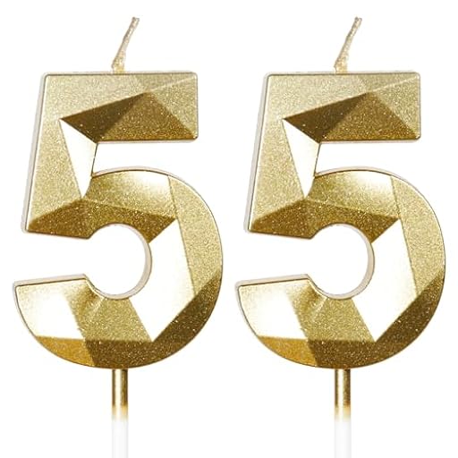 Velas para el 55º aniversario, vela en forma de cifra 55, velas doradas, vela de cumpleaños para pastel, velas de cumpleaños, decoraciones de pastel para fiesta de cumpleaños, boda | Ya disponible en tu tienda friki favorita! En mundofriki.es!