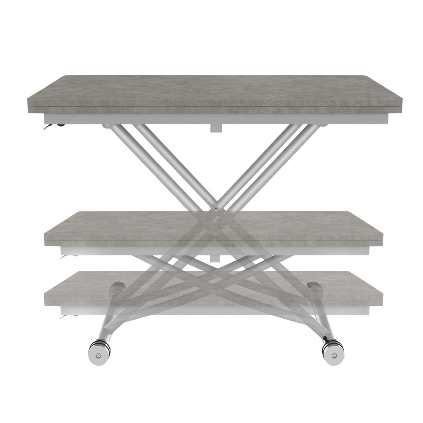 IDMarket – Mesa de centro 2 en 1 elevable en mesa de comedor Urbana hormigón | Rectangular, 100 x 57/114 x 30/75 cm, bandeja efecto hormigón y pie gris cromado