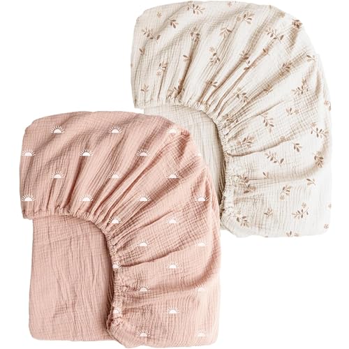Image of Konssy Muslin Crib Sheets for Girl Boy, 2 PCS Soft and Breathable Cotton Baby Sheets for Standard Crib Mattress, 52 inchx 28 inch (Pink Sun,Khaki Leaf)