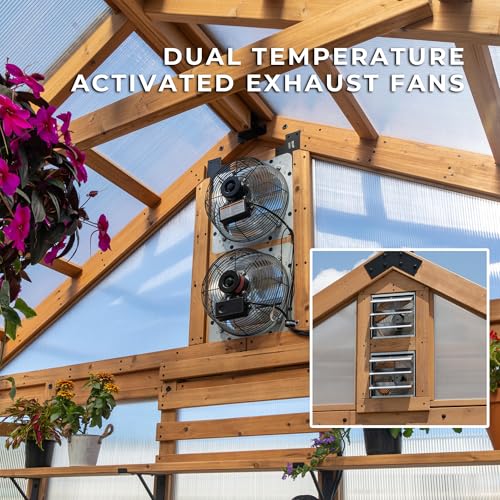 Image of Backyard Discovery Savannah Chalet-Style 14.5' x 12' Cedar and Polycarbonate Walk-In Greenhouse Kit with Sink, Exhaust Fans, Windows, Hose Hook-Ups, PowerPort, Staging Shelves for Year-Round Gardening