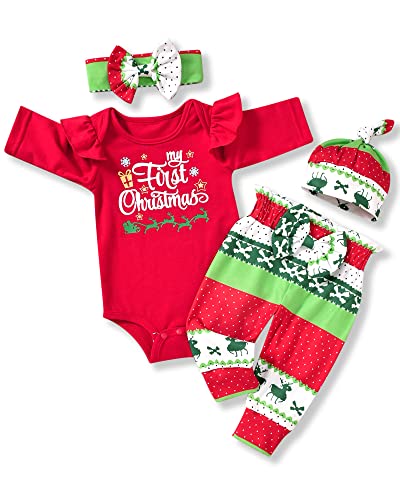 Image of fioukiay Newborn Baby Girls My First Christmas Clothes Outfits Infant 4pcs Xmax Clothing Pants Set