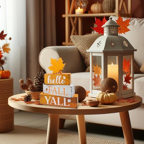 Image of 4 Pcs Hello Fall Decor Wooden Tiered Tray Decor, Maple Leaf Autumn Decorations Gifts for Home