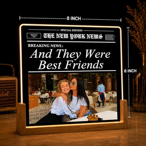 Image of Friendship Day Custom Photo Collage LED Lamp, Personalised Acrylic Night Light for Best Friends, Warm White, Wooden Base, Touch Control, Modern Style (Bestie 9)