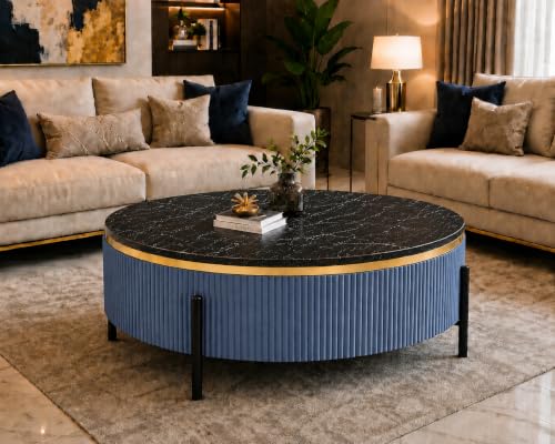 Image of WOODEN SPACE Premium Luxury Nazaara Marble-Top Coffee Table with Iron Legs & PVD Coating | Modern Round Wooden Center Table for Living Room & Entryway (Light Blue, 36 Inch)