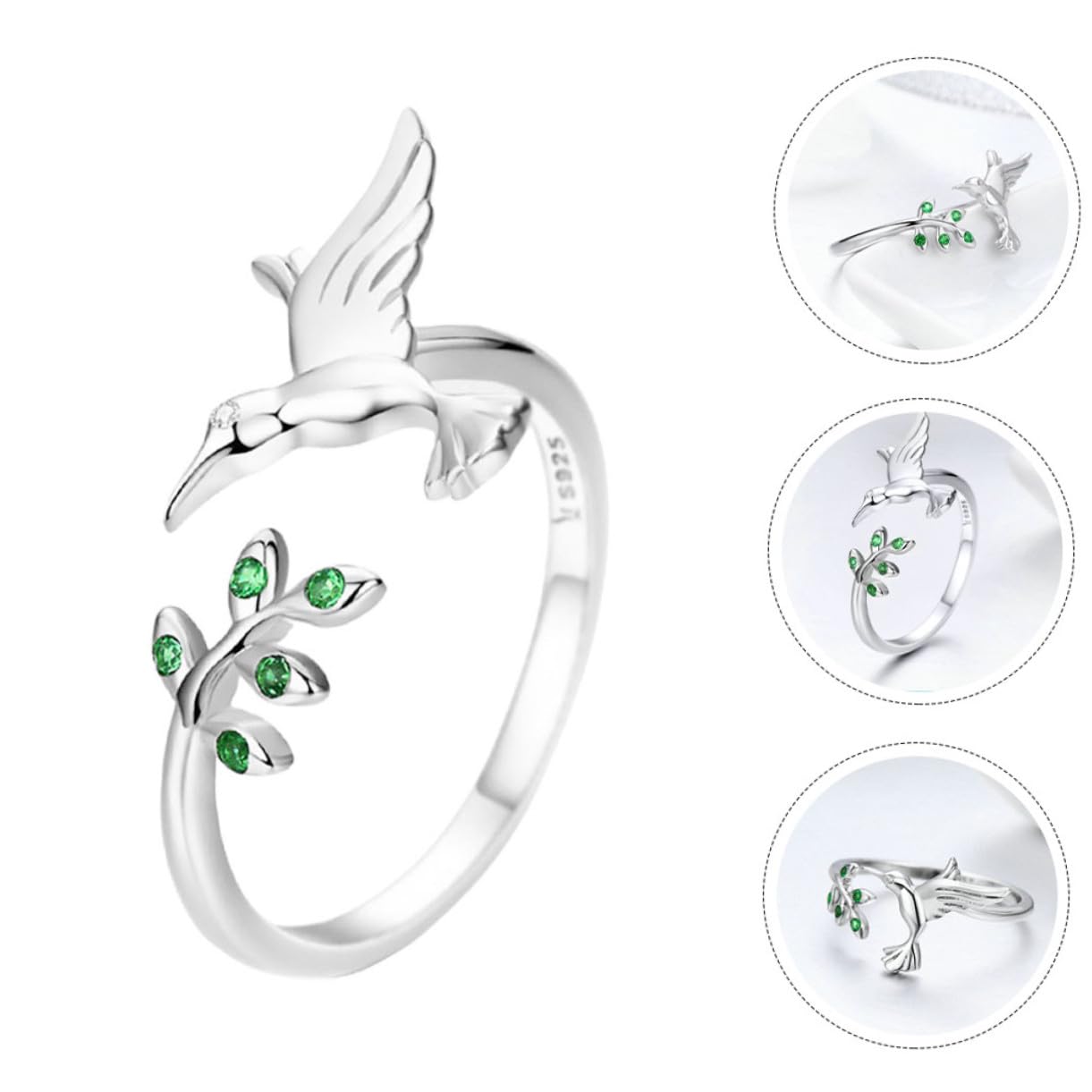 HANABASS Anillo Abierto de Colibrí y Hojas para Mujer, Joyas de Anillo Ajustable, Diseño Ligero de Metal Seguro, Moda para Chicas Adolescentes, Uso Diario, Tamaño Único, Color Platino