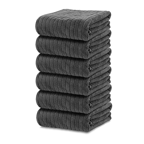 kimteny Stripe Kitchen Cloth Dish Towels, 13x28 Inches Premium Dishcloths, Super Absorbent Coral Velvet Microfiber Cleaning Cloth, Fast Drying Rags for Washing Dishes (6 Pack, Dark Grey)