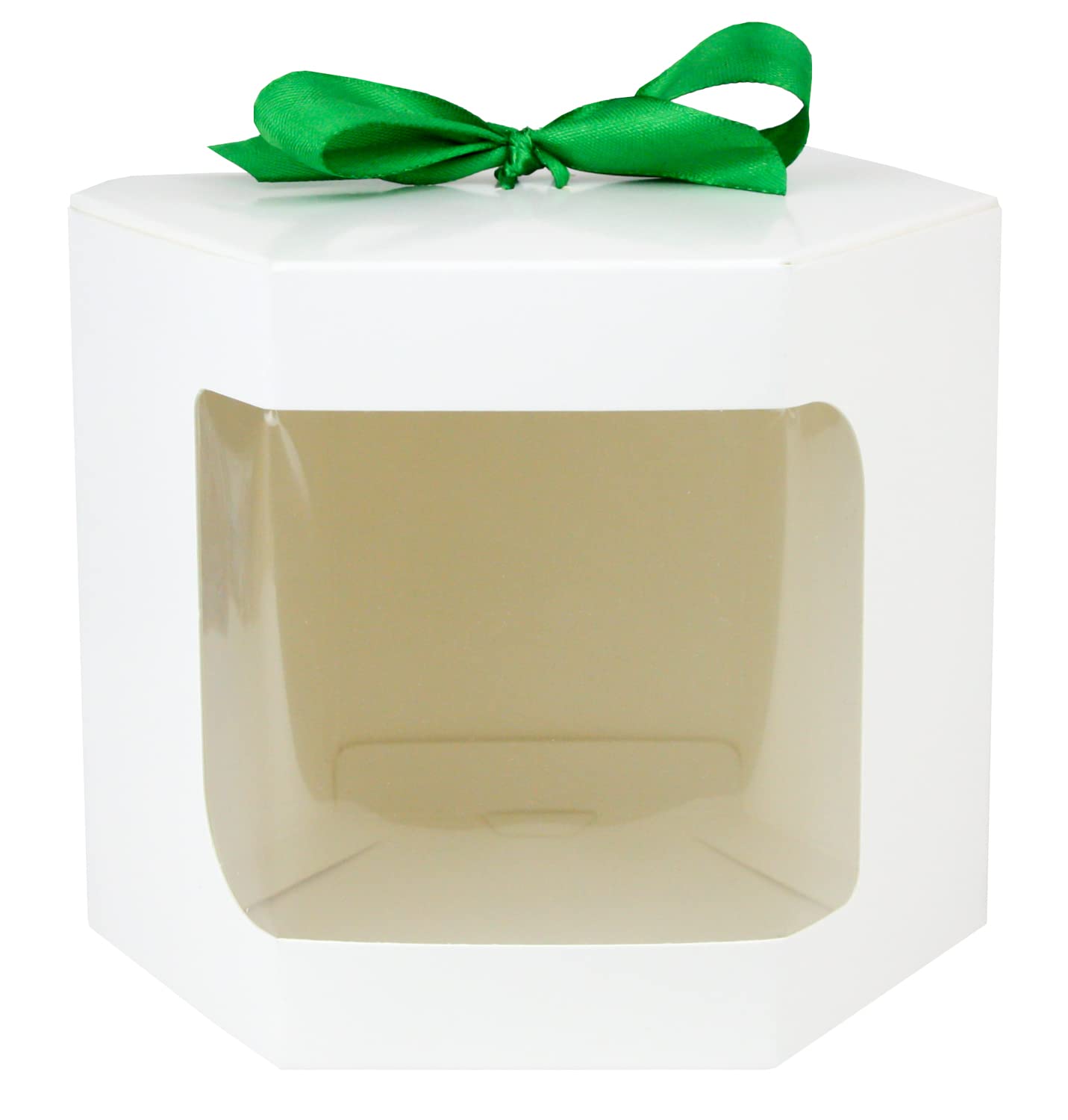 Emartbuy Strong Paper Stand Up Hexagon Gift Bag, 13 cm x 13 cm x 14 cm, White Kraft Bag Cupcakes Cookies Muffin Pie Box with Clear Window and Green Ribbon - Pack of 96