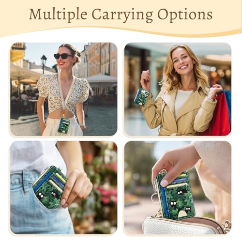 Image of Cute Black Cat Credit Card Holder Small Wallet Women, Green Grass Slim RFID Blocking Wallet Woman Keychain with Zipper Coin Pocket, Front Pocket Thin Travel Card Case with ID Window for Ladies Gifts