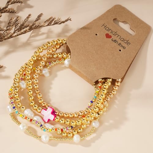 14K Gold Pearl Beaded Cross Bracelets Stack Set for Women,Stretch Boho Colorful Christian Beads Ball Jewelry Trendy Gift4