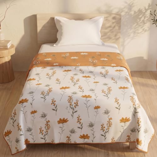 Image of HUESLAND 100% Cotton Reversible Dohar Single Bed Cotton | Soft Cambric Weave, All Weather Light AC Blanket | 56 x 89 inches, Floral - Tangerine Orange & White
