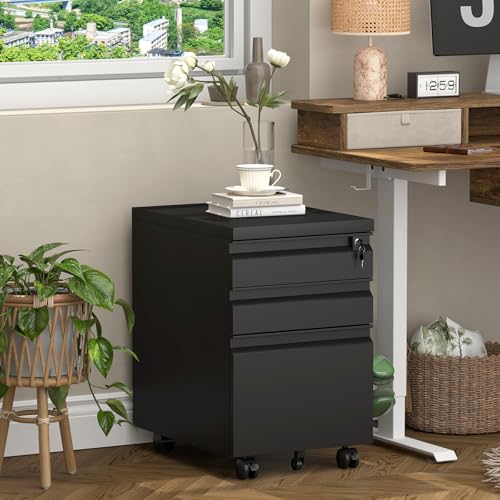 Image of Filing Cabinets for Home Office, Printer Table with Caster, Lockable Office Cabinet with 3 Drawer, Small File Cabinet for Letters /A4, No Assembly Required, Black